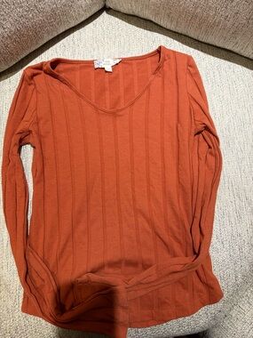 Pink Republic Ribbed V-Neck Long Sleeve Top - Rust Orange